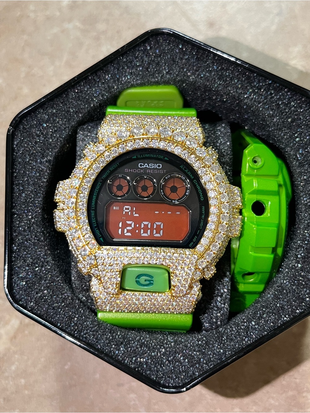 Casio Green Digital Watch with Gold Crystal Bezel